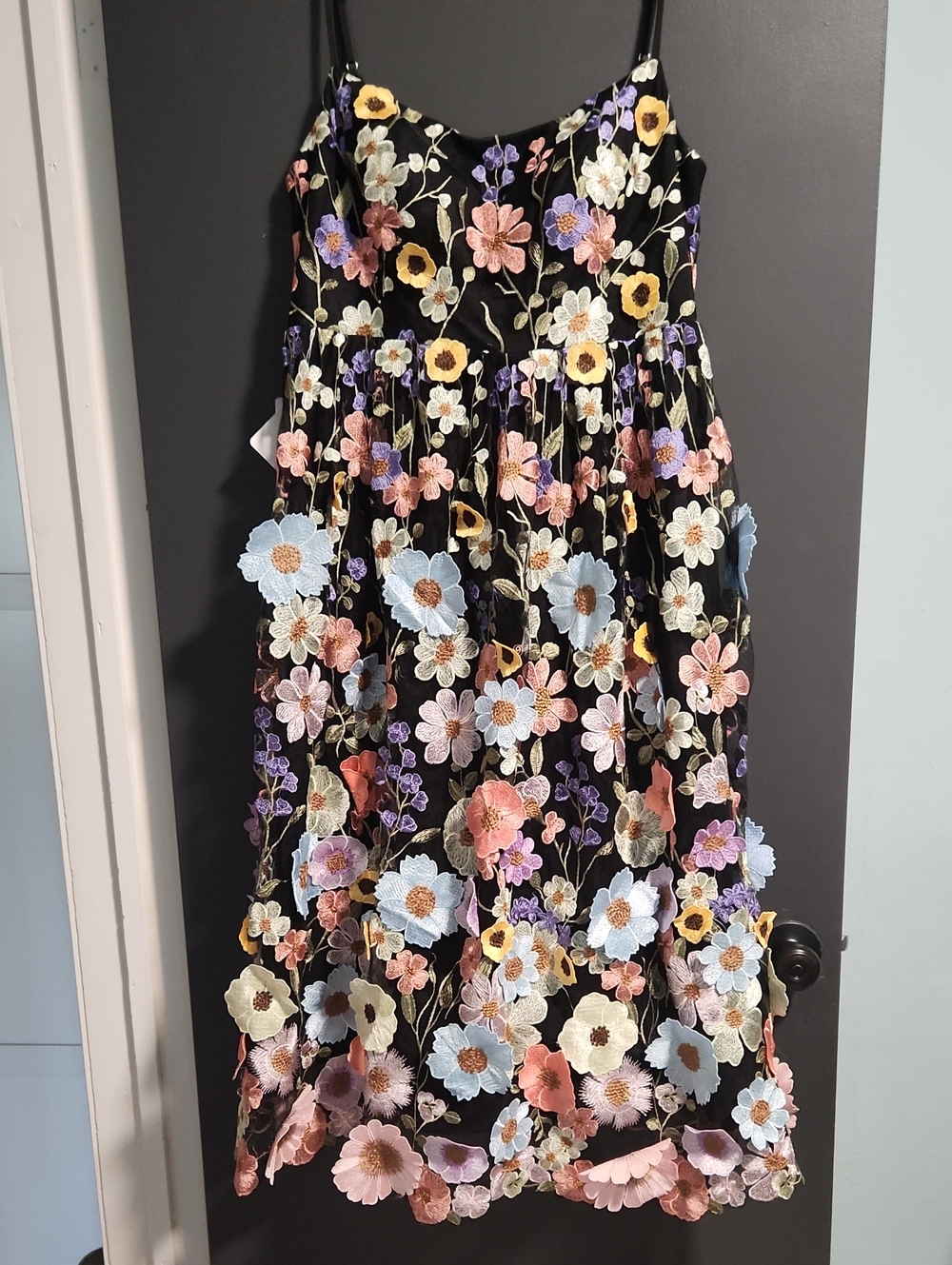 Azazie Nia Black Floral Embroidered Spaghetti-Strap Dress